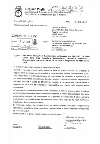 La nota della Regione Puglia con cui si avvisa il Comune della procedura di definanziamento
