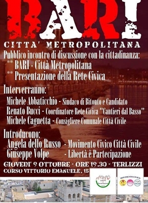 Locandina dell'incontro per Bari città metropolitana