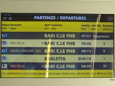 Il cartellone che indica i treni soppressi