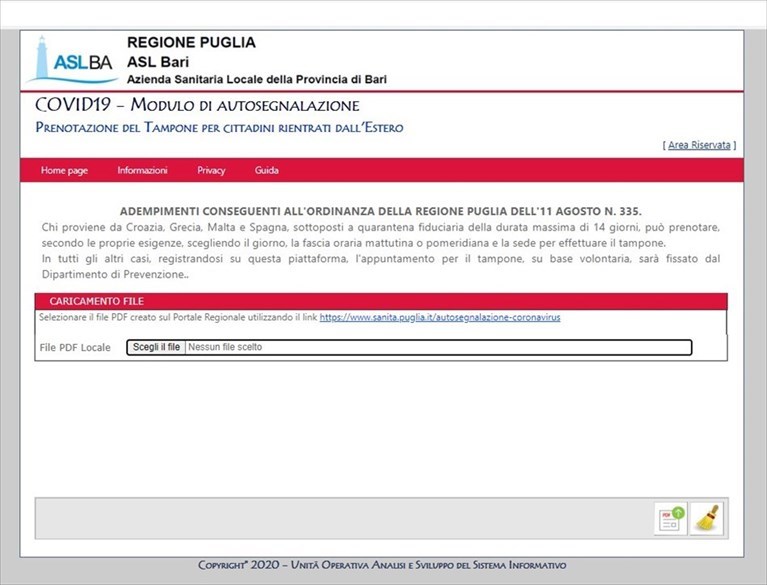 Piattaforma prenotazione tampone Asl Bari