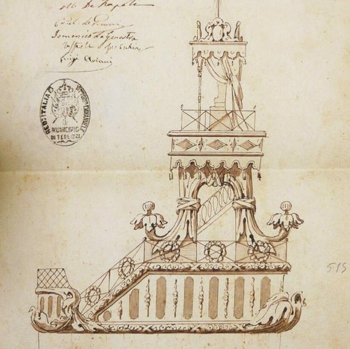 Il primo disegno-progetto del “Carro Trionfale” di Terlizzi: la Pinacoteca De Napoli ne richiede la restituzione