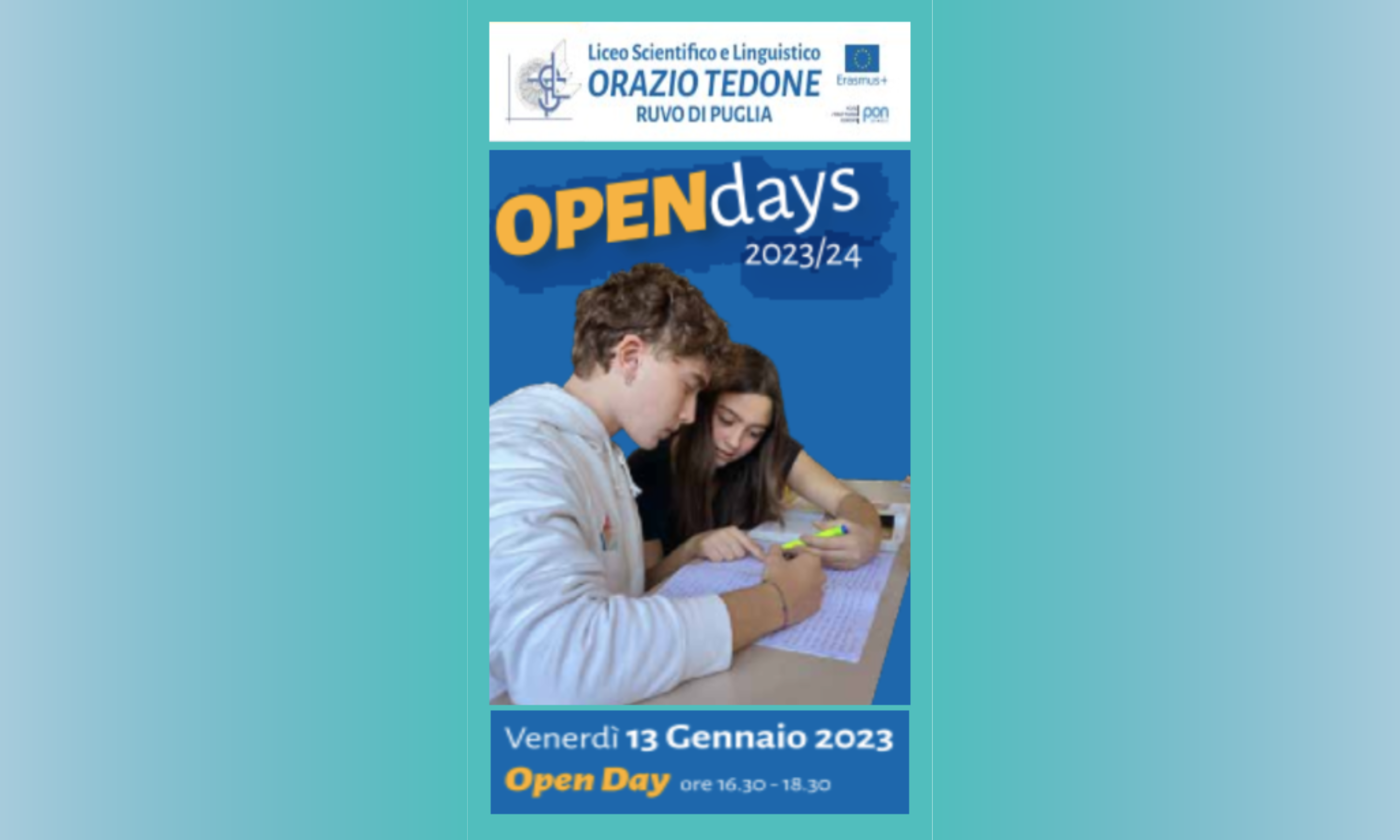 Venerdì 13 gennaio 2023 a partire dalle ore 16.30 secondo appuntamento degli Open Days al Liceo Scientifico e Linguistico “O. Tedone” di Ruvo di Puglia