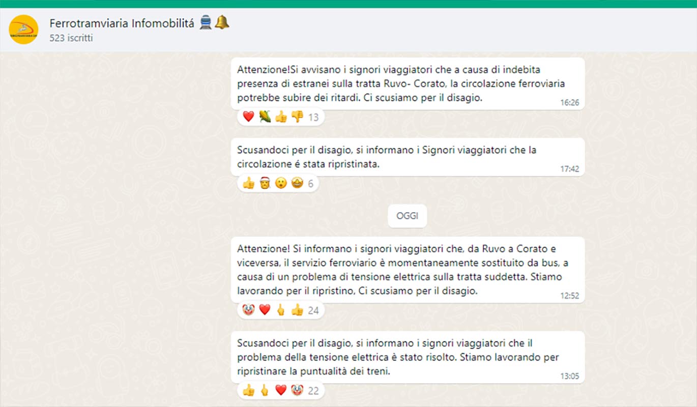 Un canale WhatsApp per essere aggiornati sulla circolazione ferroviaria in tempo reale