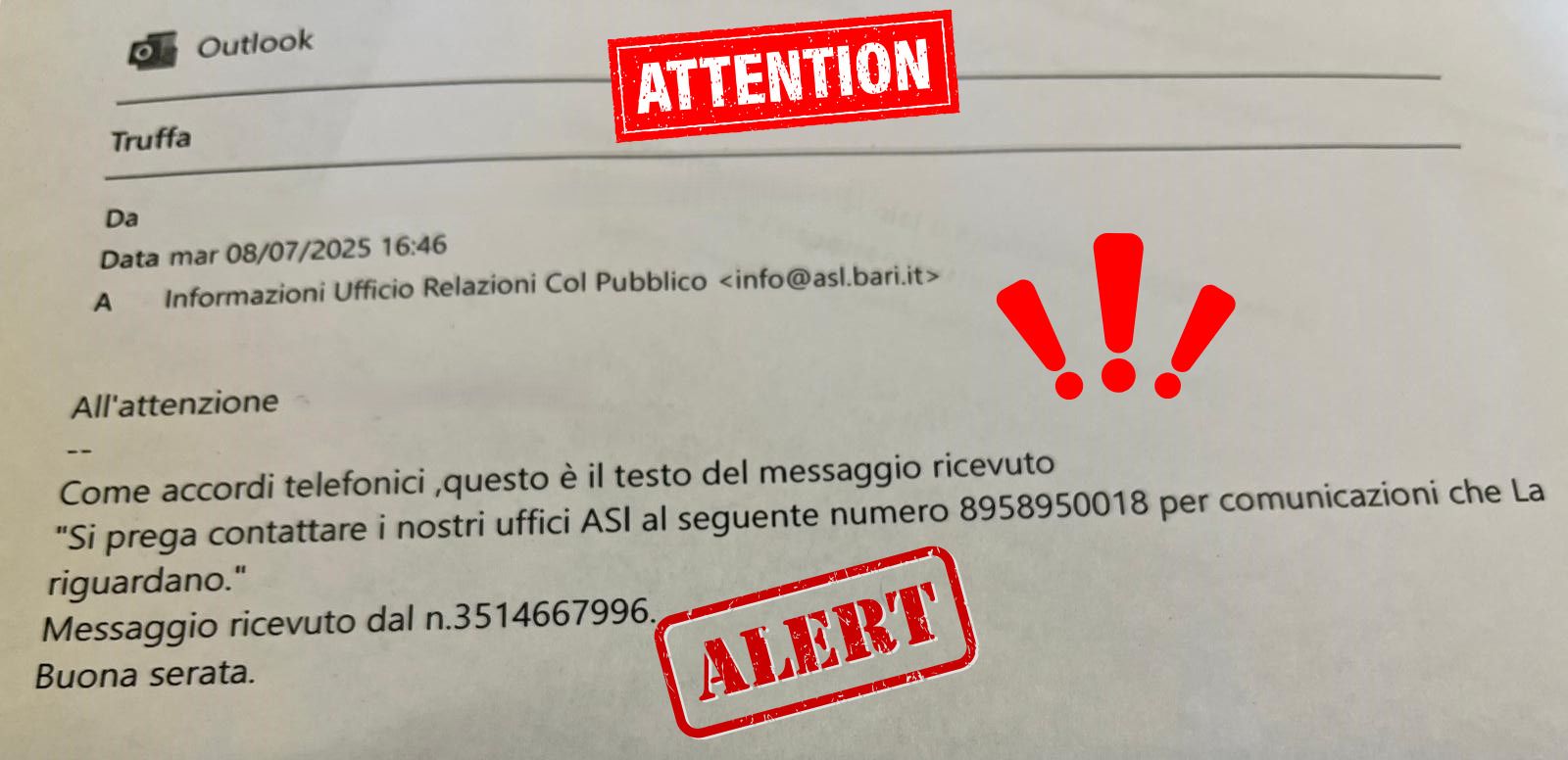 Falso messaggio Asl circola tra gli utenti. L’azienda sanitaria: «Attenti, è un tentativo di truffa»